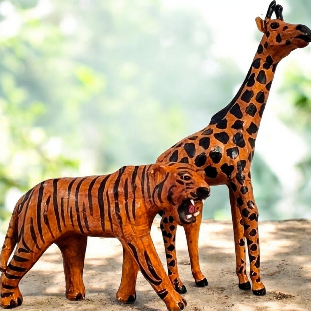 Vintage Handpainted Leather Wrapped Paper Mache Tiger, Giraffe. Black Tan Orange